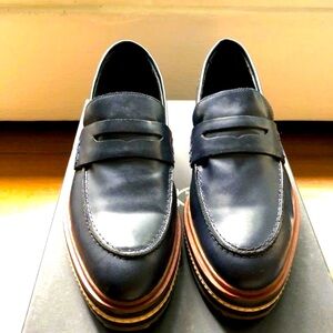 Massimo Dutti Navy Blue Leather Penny Loafers